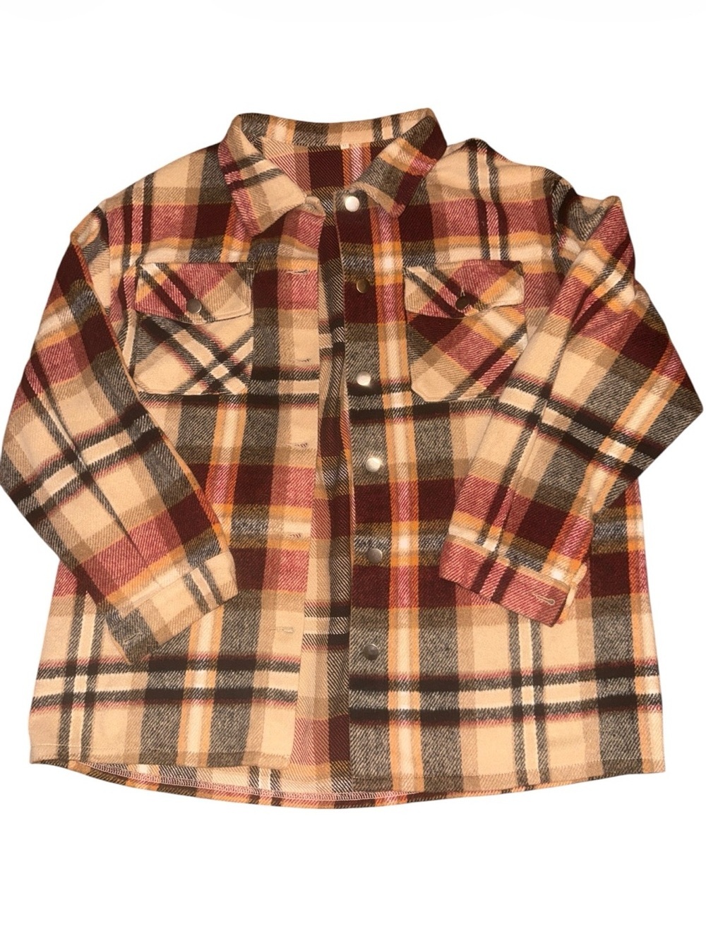 Boutique Plaid Shacket Jacket Cream & Burgundy cozy plaid trendy fall layer - Picture 3 of 8